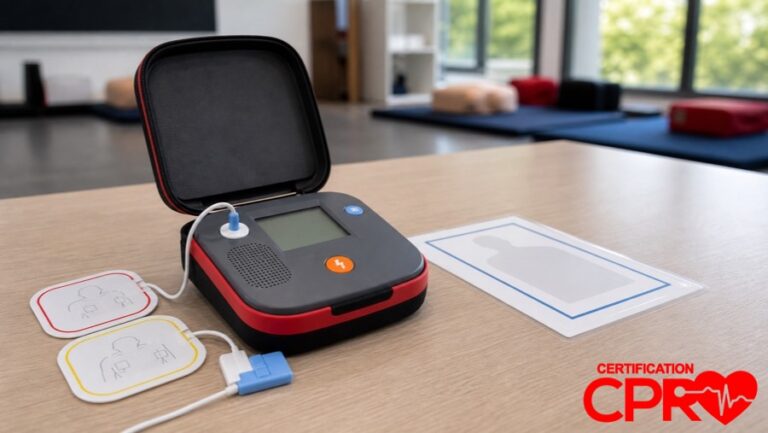 AED trainer and electrode pads for practicing voice prompts in a CPR classroom in Tampa.