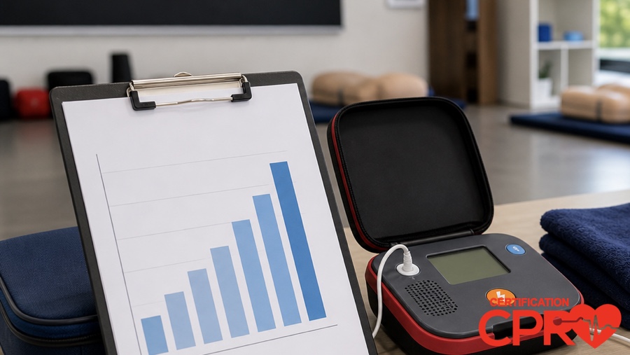 CPR statistics chart with AED trainer in a CPR classroom in Tampa.