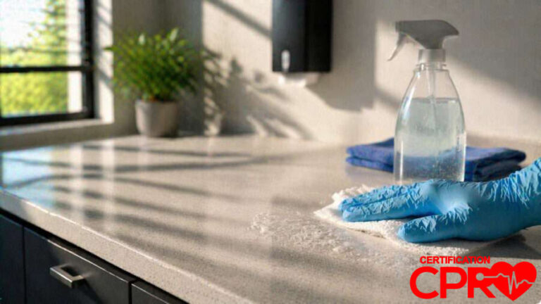 Cleaning surface with disinfectant spray to prevent bloodborne pathogen spread.