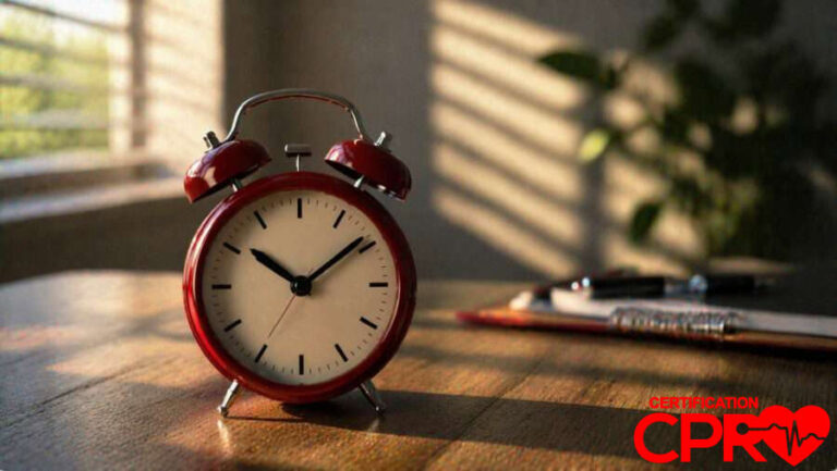 Alarm clock on a wooden table with sunlight, symbolizing timely CPR training.