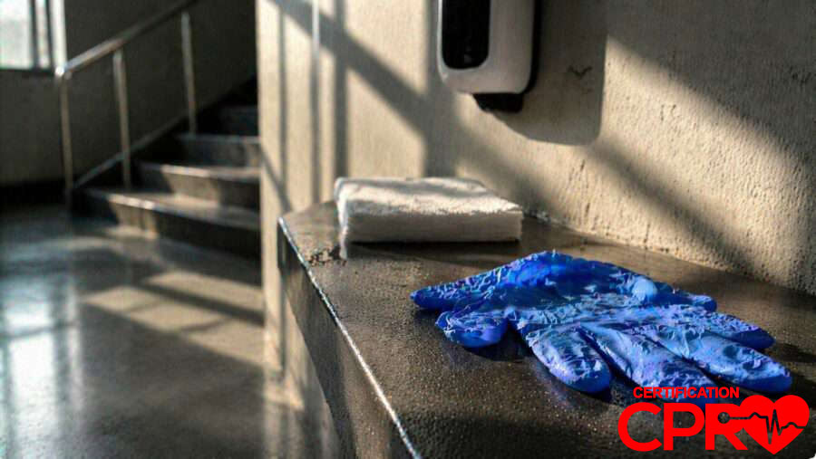 CPR training gloves and mask on a training station in Tampa.