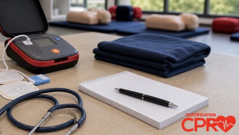 AED trainer, stethoscope, and CPR classroom supplies for an article on heart attack versus cardiac arrest in Tampa.