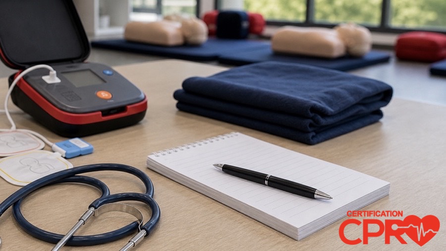 AED trainer, stethoscope, and CPR classroom supplies for an article on heart attack versus cardiac arrest in Tampa.