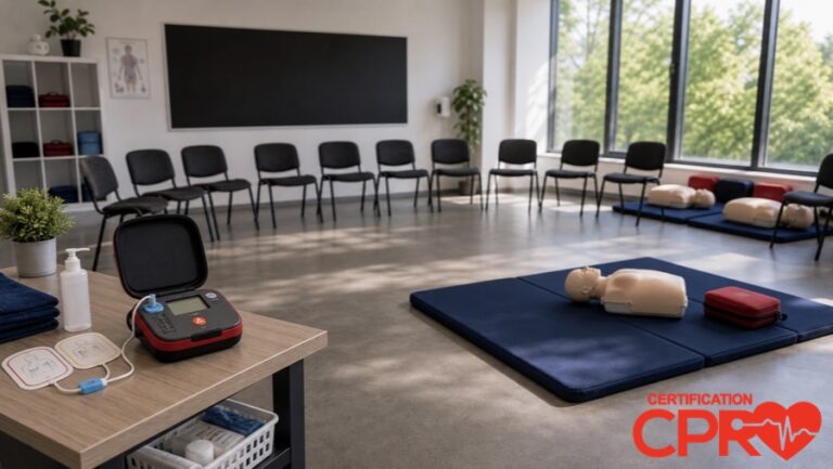 CPR classroom setup for practicing emergency response skills in Tampa.