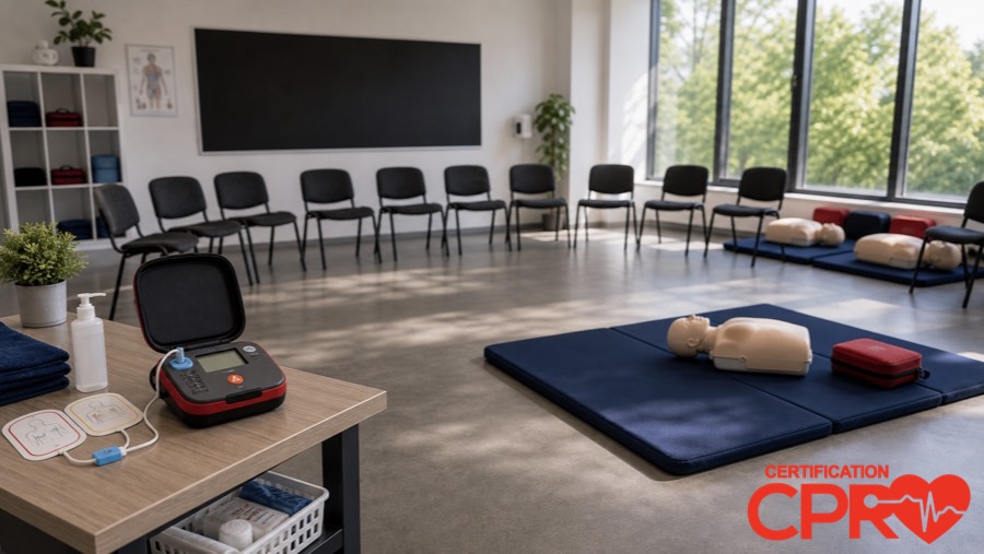 CPR classroom setup for practicing emergency response skills in Tampa.