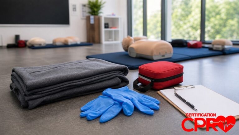 First aid training supplies for practicing seizure response in a CPR classroom in Tampa.