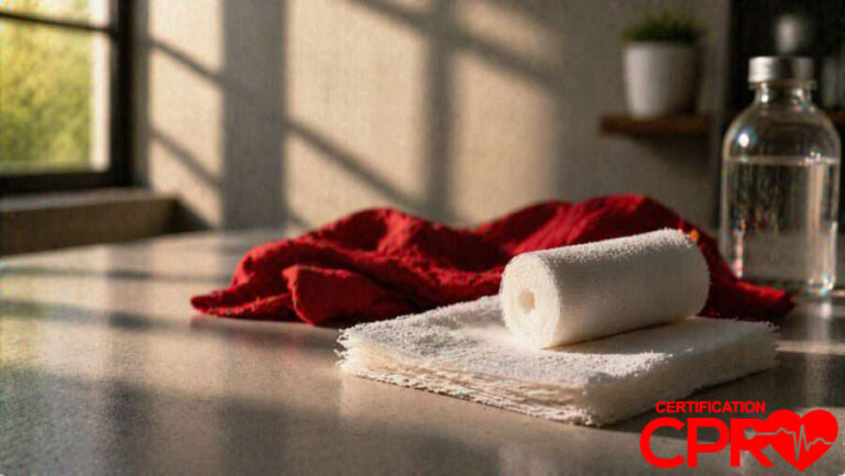 CPR certification training supplies in Tampa, including a roll of gauze and first aid essentials.