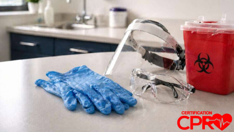 CPR training supplies including gloves, goggles, and biohazard container in Tampa.
