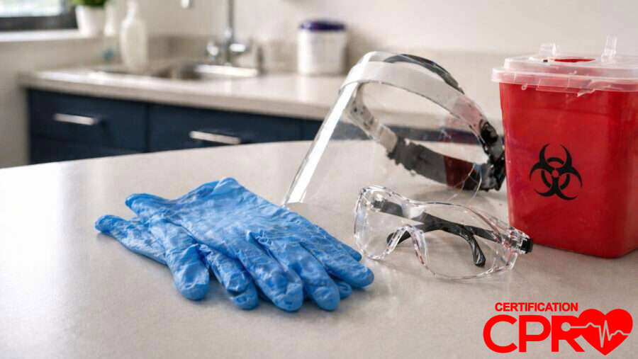 CPR training supplies including gloves, goggles, and biohazard container in Tampa.